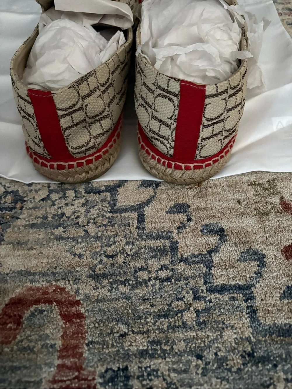 Carolina Herrera CH Monogram Espadrille Loafers in Beige and Red Trim